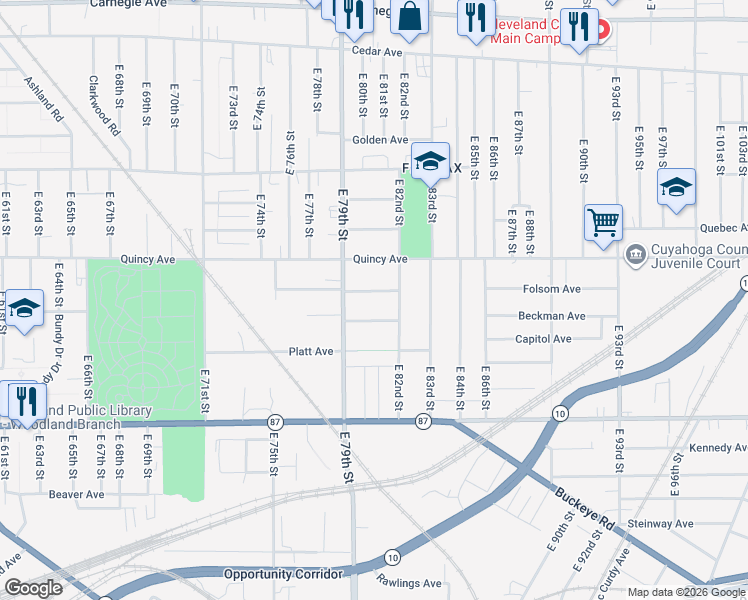 map of restaurants, bars, coffee shops, grocery stores, and more near 8115 Townsend Avenue in Cleveland