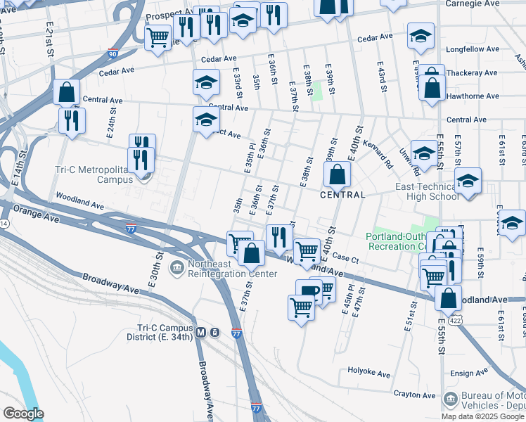 map of restaurants, bars, coffee shops, grocery stores, and more near 3609 Longwood Avenue in Cleveland
