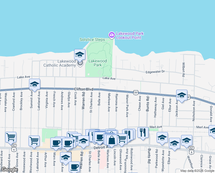 map of restaurants, bars, coffee shops, grocery stores, and more near 14009 Clifton Boulevard in Lakewood