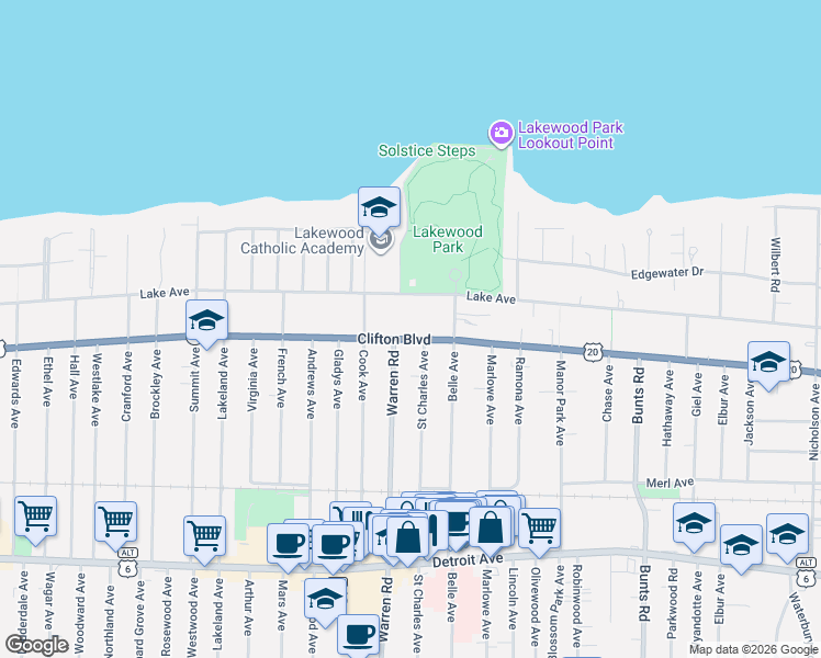 map of restaurants, bars, coffee shops, grocery stores, and more near 14623 Clifton Boulevard in Lakewood