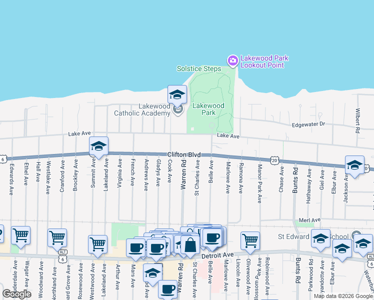 map of restaurants, bars, coffee shops, grocery stores, and more near in Lakewood