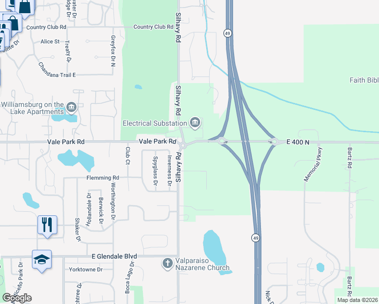 map of restaurants, bars, coffee shops, grocery stores, and more near 2402 Silhavy Road in Valparaiso