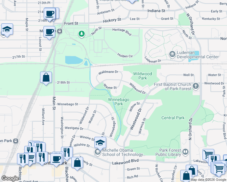 map of restaurants, bars, coffee shops, grocery stores, and more near 7 Wayne Court in Park Forest
