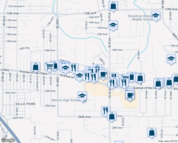 map of restaurants, bars, coffee shops, grocery stores, and more near 3630 22nd Avenue in Moline