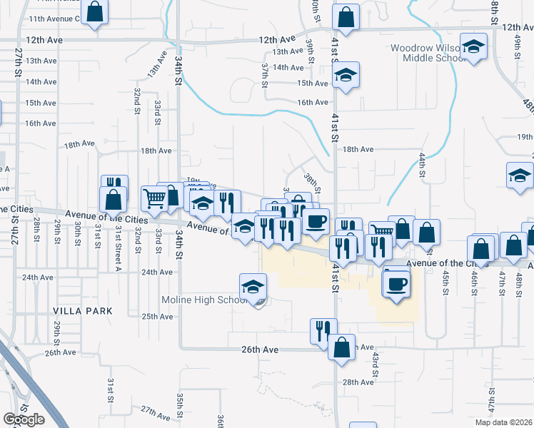 map of restaurants, bars, coffee shops, grocery stores, and more near 2209 36th Street in Moline