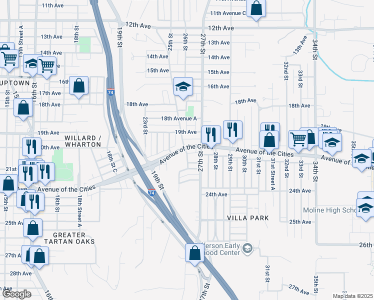 map of restaurants, bars, coffee shops, grocery stores, and more near 2412 Avenue Of The Cities in Moline