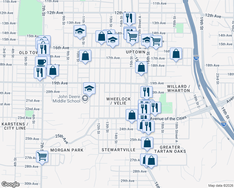 map of restaurants, bars, coffee shops, grocery stores, and more near in Moline