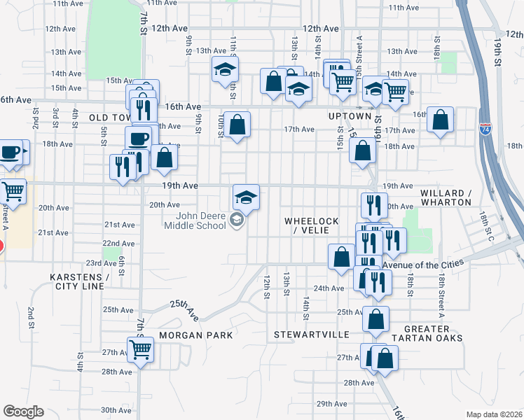 map of restaurants, bars, coffee shops, grocery stores, and more near 2023 12th St in Moline