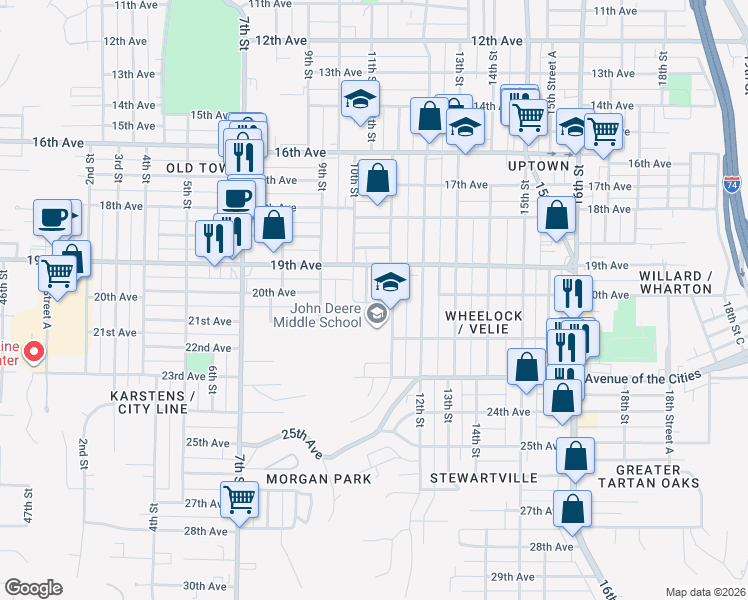 map of restaurants, bars, coffee shops, grocery stores, and more near 2035 11th Street in Moline
