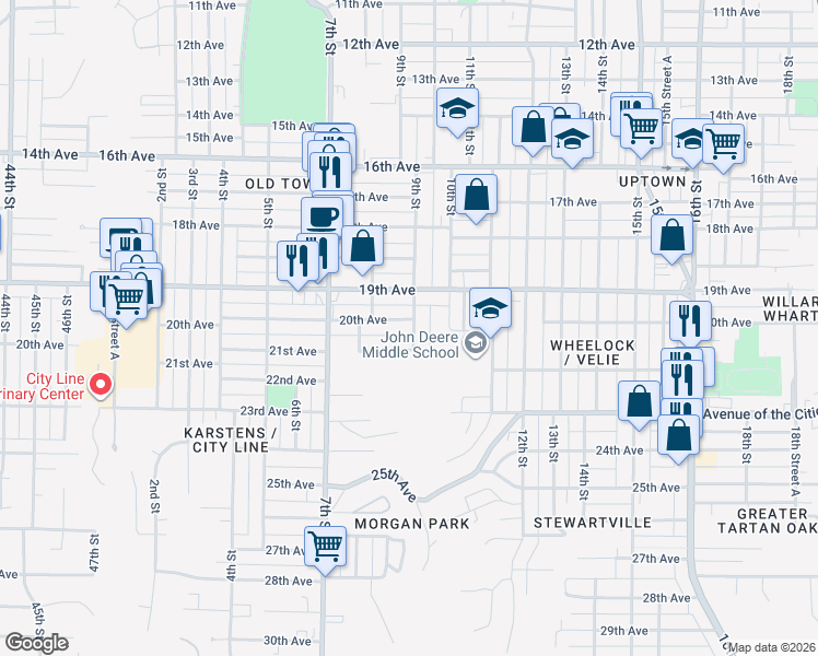 map of restaurants, bars, coffee shops, grocery stores, and more near 843 21st Avenue in Moline