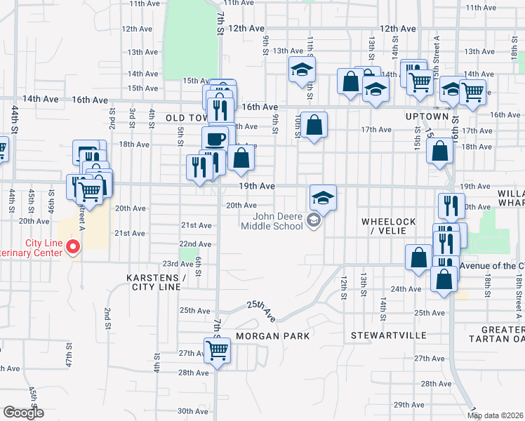 map of restaurants, bars, coffee shops, grocery stores, and more near 843 21st Avenue in Moline