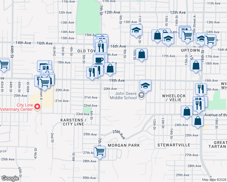 map of restaurants, bars, coffee shops, grocery stores, and more near 2098 8th Street in Moline