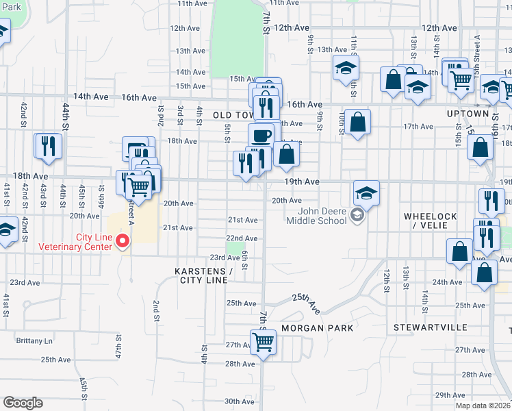 map of restaurants, bars, coffee shops, grocery stores, and more near 555 21st Avenue in Moline
