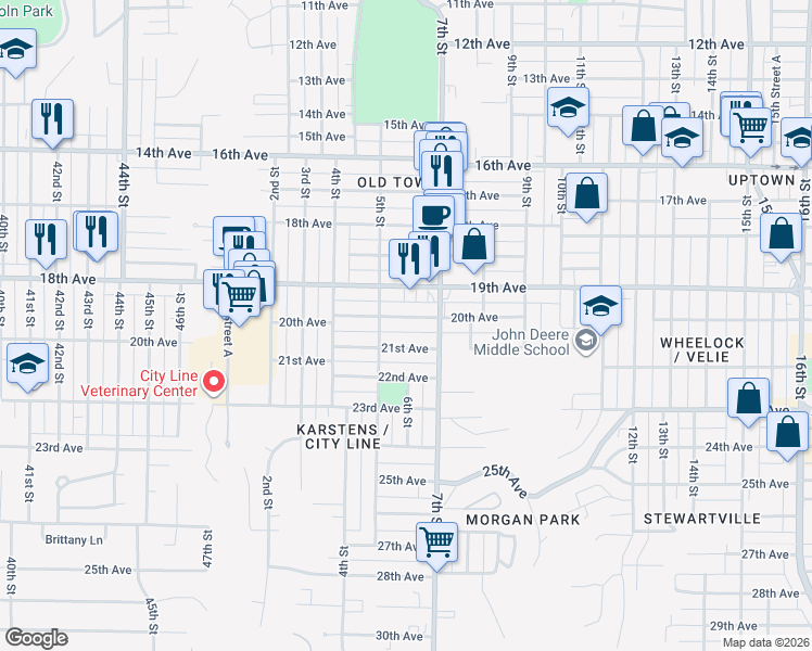 map of restaurants, bars, coffee shops, grocery stores, and more near 517 21st Avenue in Moline