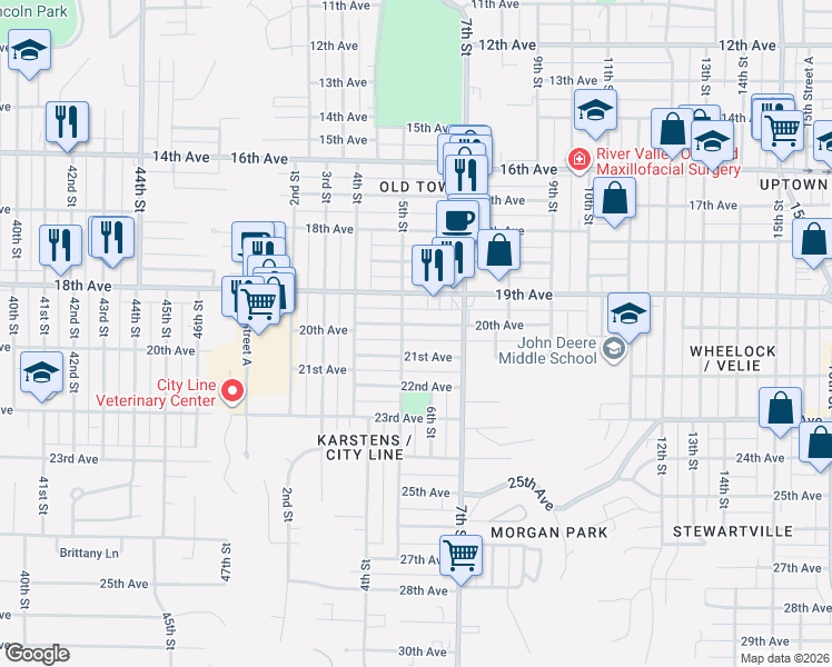 map of restaurants, bars, coffee shops, grocery stores, and more near 517 21st Avenue in Moline