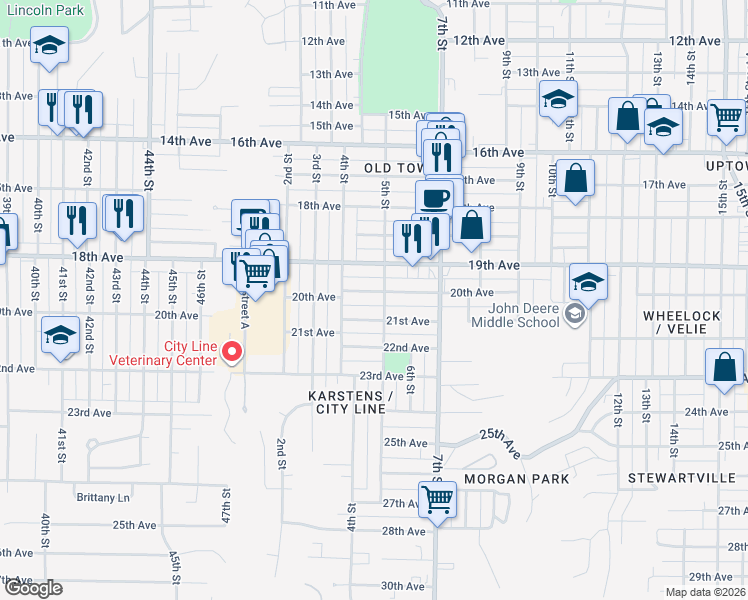 map of restaurants, bars, coffee shops, grocery stores, and more near 431 21st Ave in Moline