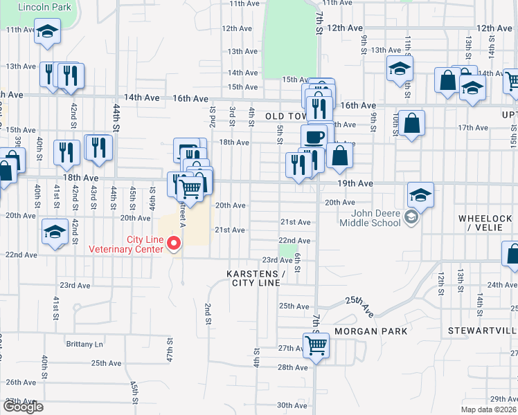 map of restaurants, bars, coffee shops, grocery stores, and more near 431 21st Ave in Moline