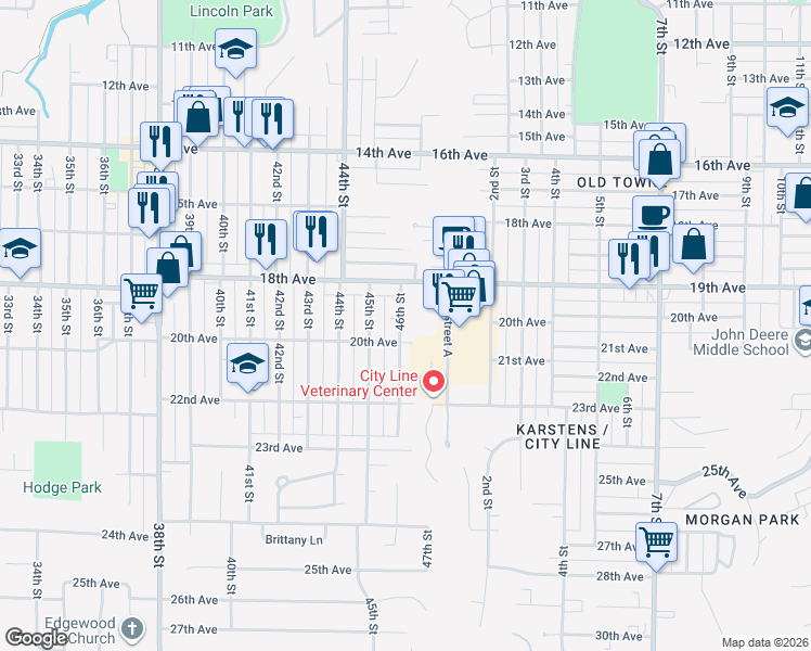 map of restaurants, bars, coffee shops, grocery stores, and more near 2002 46th Street in Rock Island
