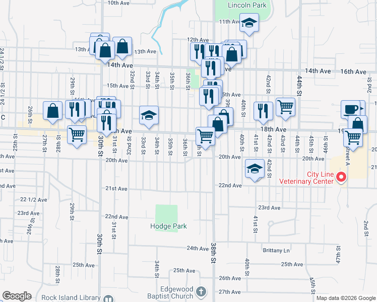 map of restaurants, bars, coffee shops, grocery stores, and more near 1862 36th Street in Rock Island