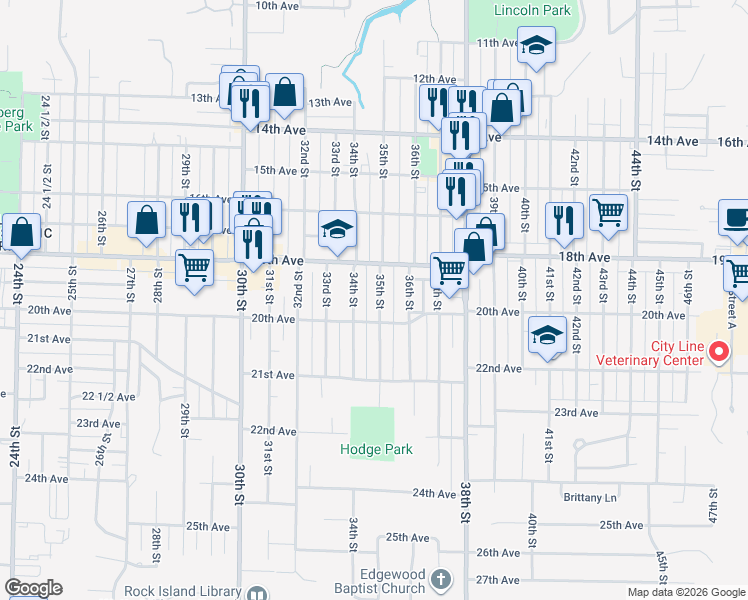 map of restaurants, bars, coffee shops, grocery stores, and more near 3401-3451 20th Ave in Rock Island