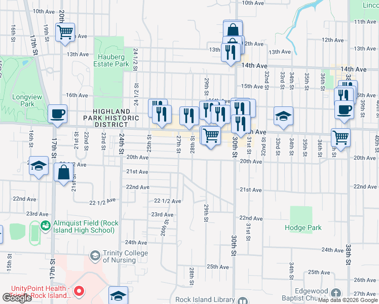 map of restaurants, bars, coffee shops, grocery stores, and more near 2000-2008 28th Street in Rock Island