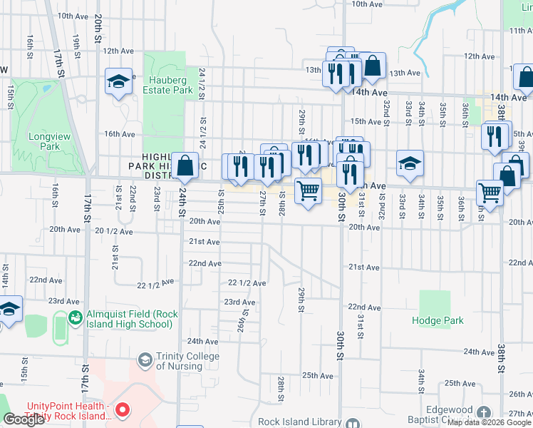 map of restaurants, bars, coffee shops, grocery stores, and more near 2554 20th Avenue in Rock Island