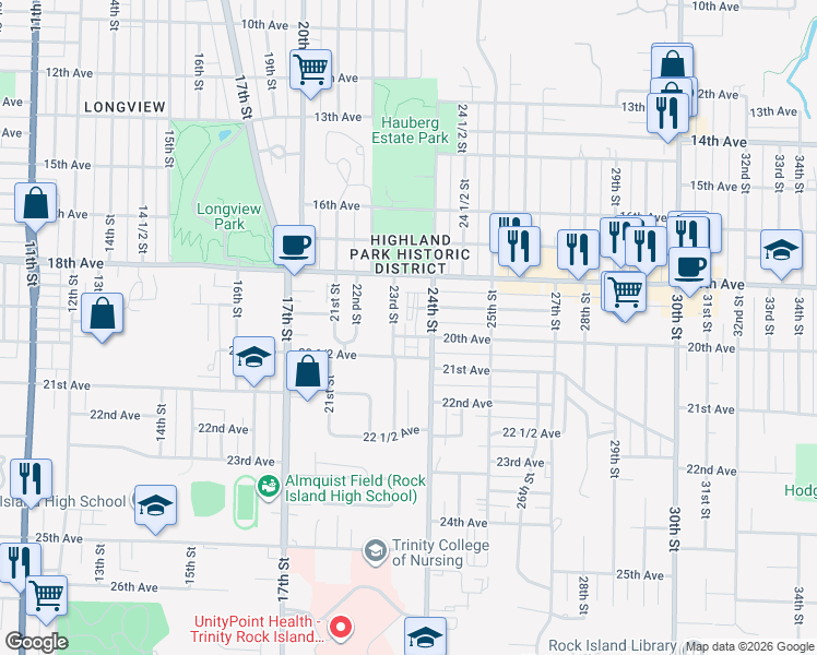 map of restaurants, bars, coffee shops, grocery stores, and more near 2014 23rd St in Rock Island