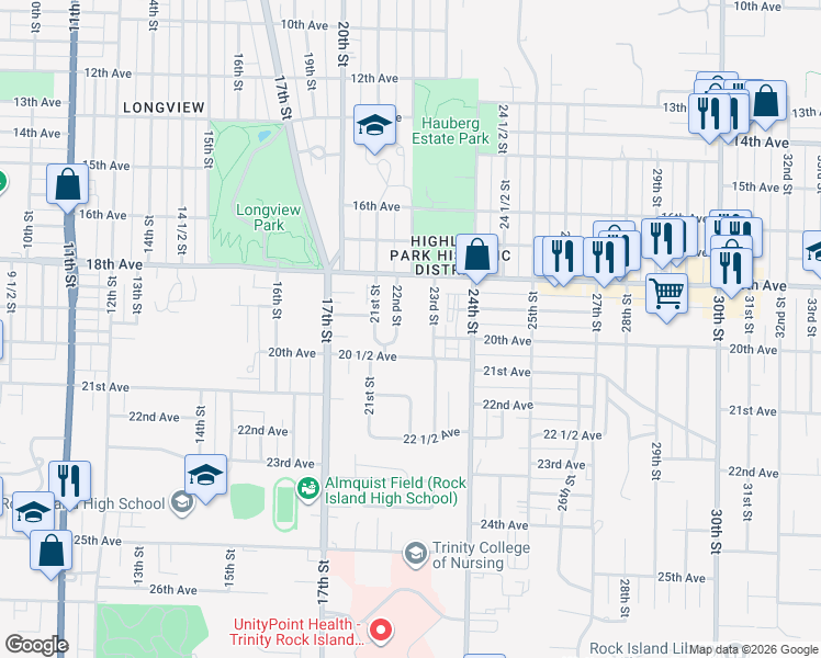 map of restaurants, bars, coffee shops, grocery stores, and more near 1857 22nd Street in Rock Island