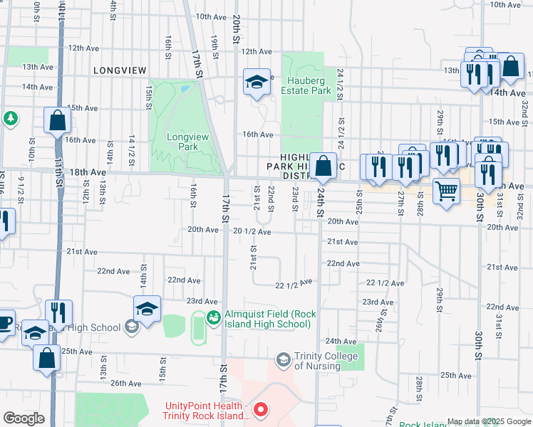 map of restaurants, bars, coffee shops, grocery stores, and more near 1840 22nd Street in Rock Island
