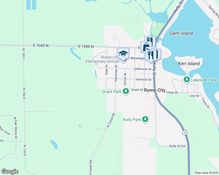 map of restaurants, bars, coffee shops, grocery stores, and more near 502 Harriman Street in Rome City