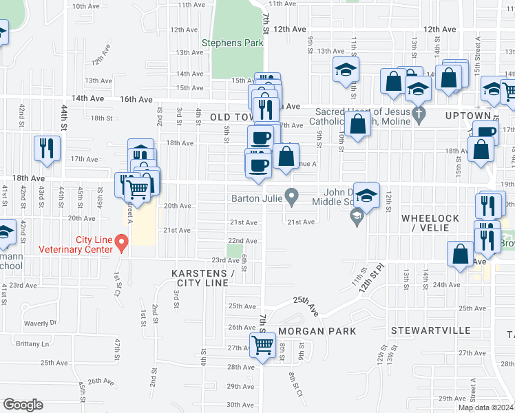 map of restaurants, bars, coffee shops, grocery stores, and more near 556 20th Avenue in Moline