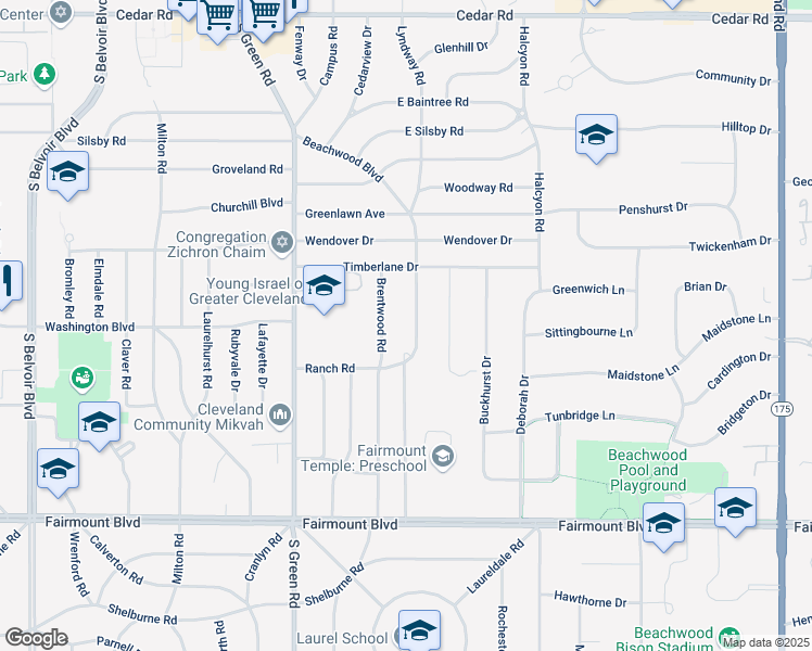 map of restaurants, bars, coffee shops, grocery stores, and more near 2499 Brentwood Road in Beachwood