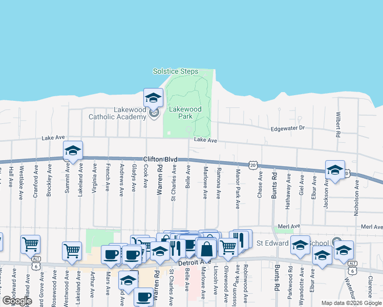map of restaurants, bars, coffee shops, grocery stores, and more near 14530 Clifton Boulevard in Lakewood