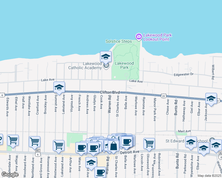 map of restaurants, bars, coffee shops, grocery stores, and more near in Lakewood