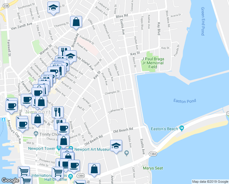 map of restaurants, bars, coffee shops, grocery stores, and more near 16 Champlin Street in Newport