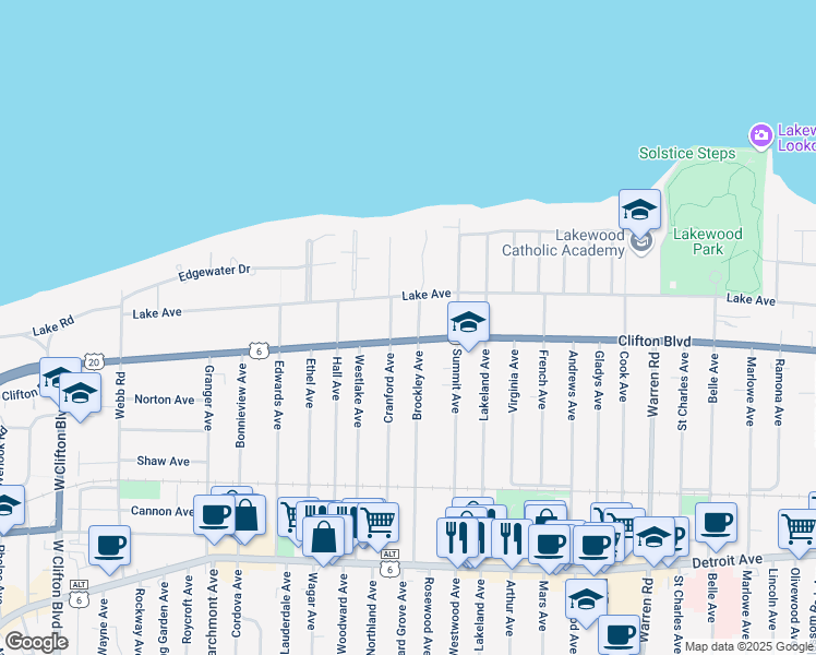 map of restaurants, bars, coffee shops, grocery stores, and more near 15735 Clifton Boulevard in Lakewood