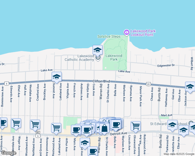 map of restaurants, bars, coffee shops, grocery stores, and more near in Lakewood