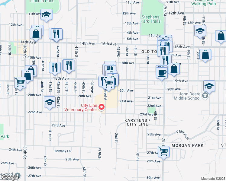 map of restaurants, bars, coffee shops, grocery stores, and more near 2020 1st Street A in Moline