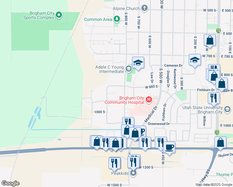 map of restaurants, bars, coffee shops, grocery stores, and more near West 925 South in Brigham City