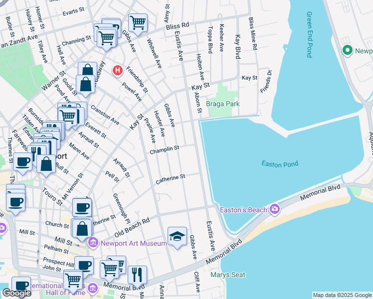 map of restaurants, bars, coffee shops, grocery stores, and more near 269 Gibbs Avenue in Newport