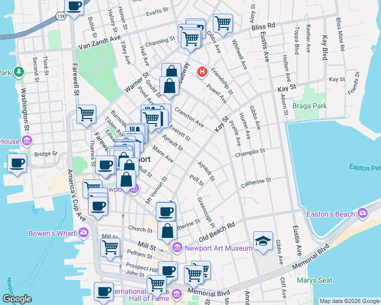 map of restaurants, bars, coffee shops, grocery stores, and more near 47 Kay Street in Newport