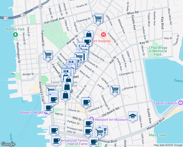 map of restaurants, bars, coffee shops, grocery stores, and more near 29 Mann Avenue in Newport