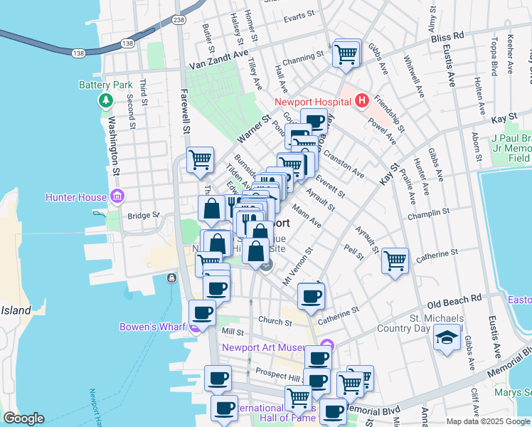 map of restaurants, bars, coffee shops, grocery stores, and more near in Newport