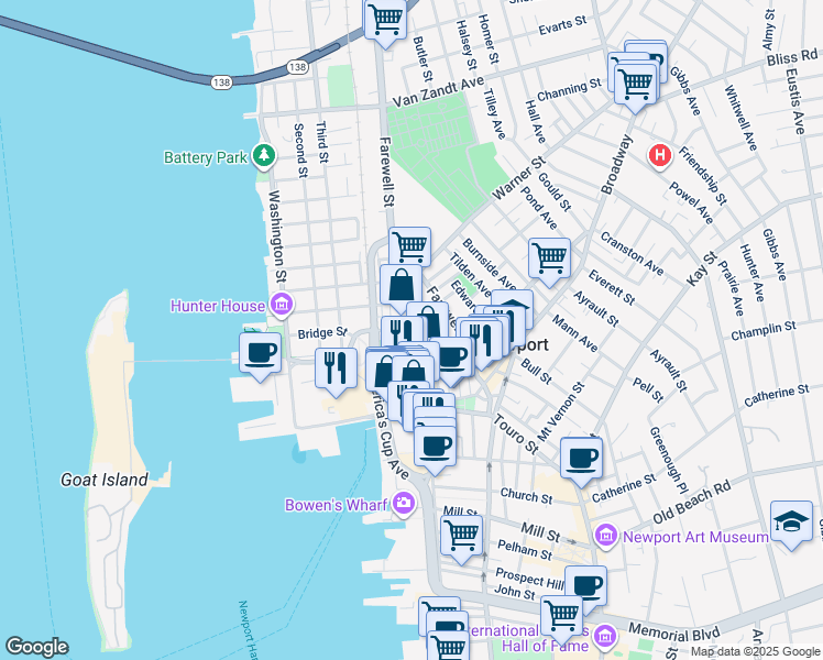 map of restaurants, bars, coffee shops, grocery stores, and more near in Newport