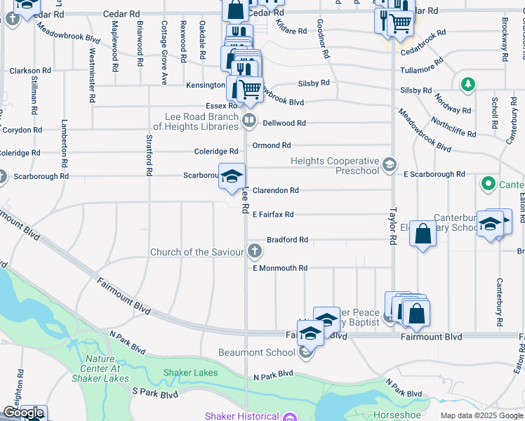 map of restaurants, bars, coffee shops, grocery stores, and more near 3228 East Fairfax Road in Cleveland Heights