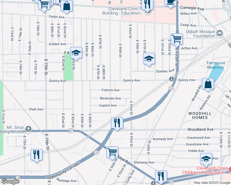 map of restaurants, bars, coffee shops, grocery stores, and more near 2463 East 89th Street in Cleveland