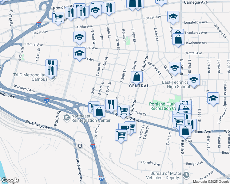 map of restaurants, bars, coffee shops, grocery stores, and more near 3800 Longwood Avenue in Cleveland