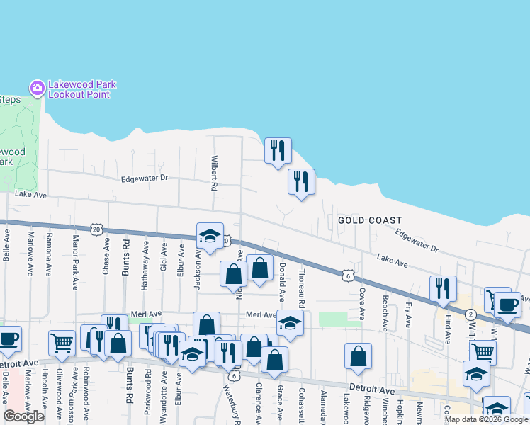 map of restaurants, bars, coffee shops, grocery stores, and more near 12967 Lake Avenue in Lakewood