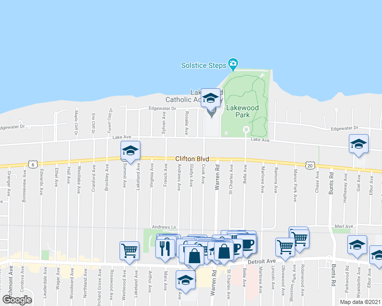 map of restaurants, bars, coffee shops, grocery stores, and more near 14915 Clifton Boulevard in Lakewood