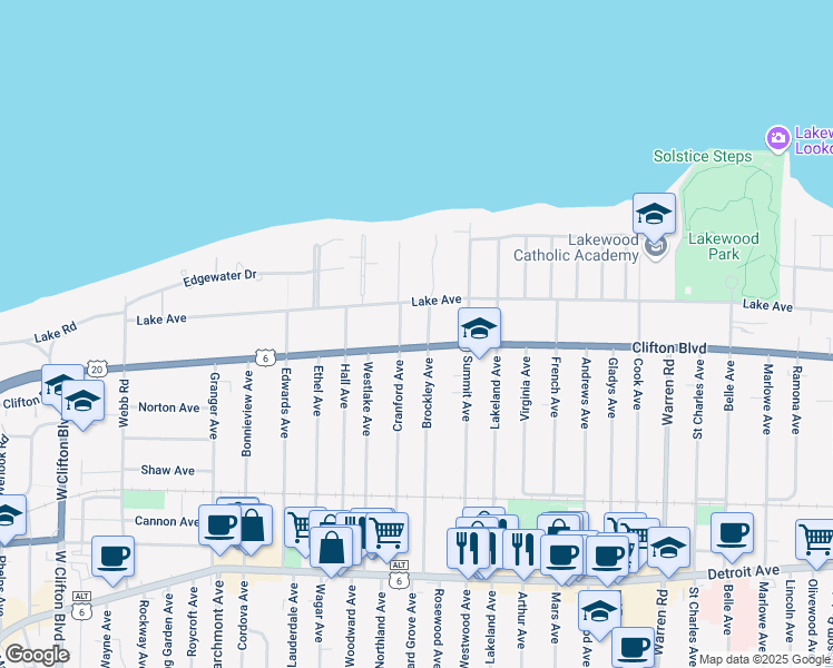 map of restaurants, bars, coffee shops, grocery stores, and more near 15735 Clifton Boulevard in Lakewood